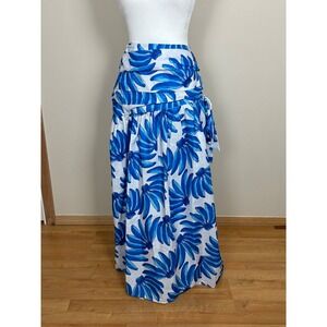 HT 360 Collective Blue Banana Leaf Tropical Maxi Skirt Small White Cotton Blend